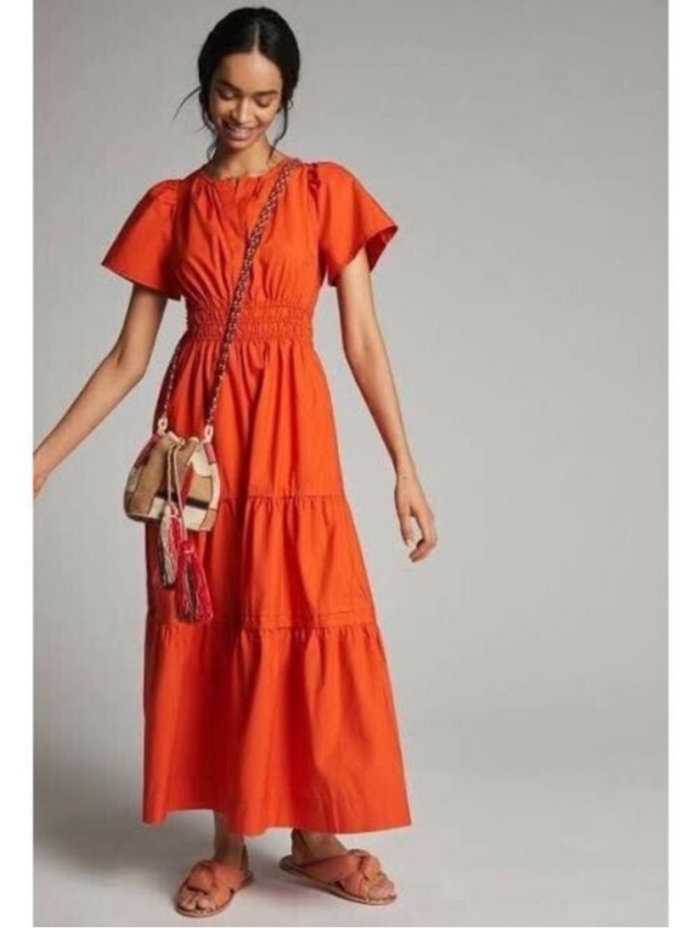 Anthropologie Somerset Bright Red Orange Tiered Maxi Dress Small